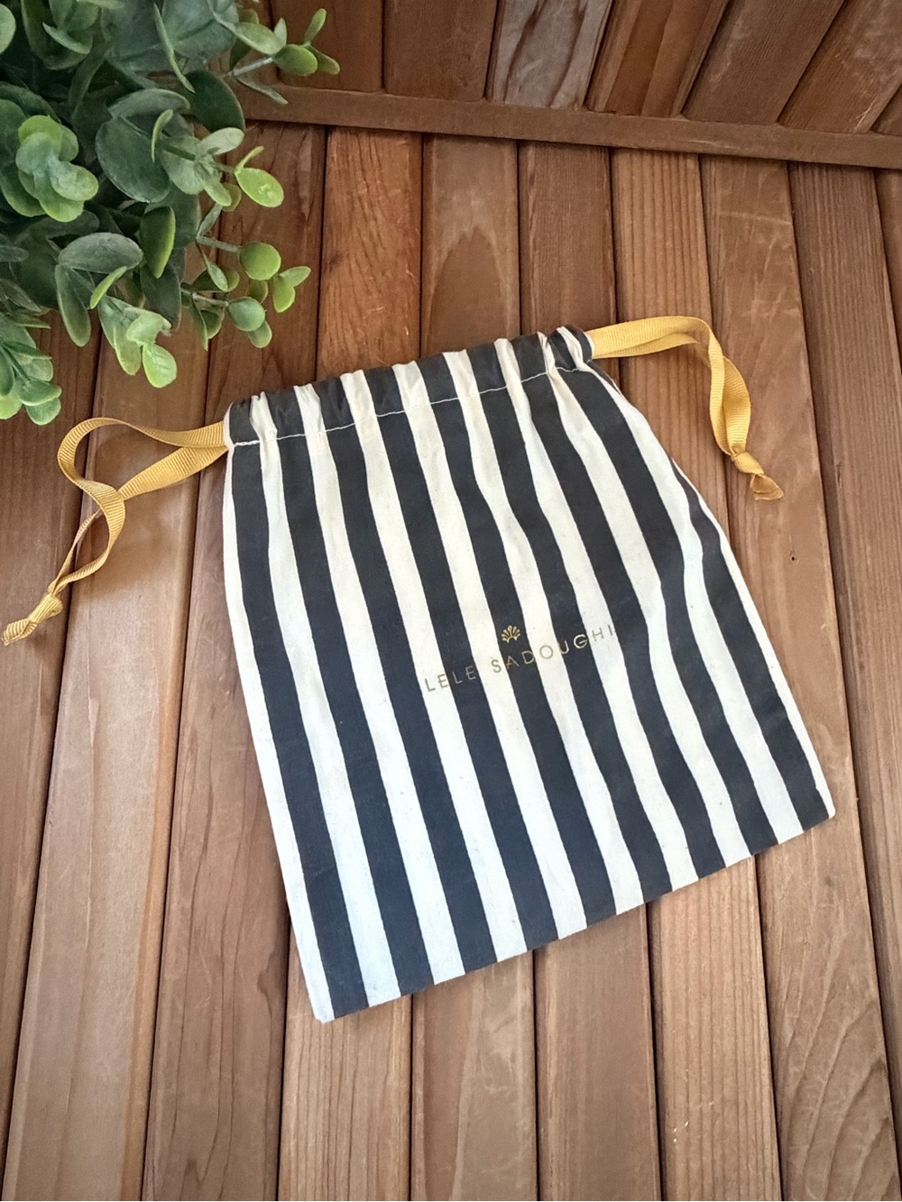 Lele Sadoughi Black and White Striped Pouch with Gold Logo, Designer Dust Bag